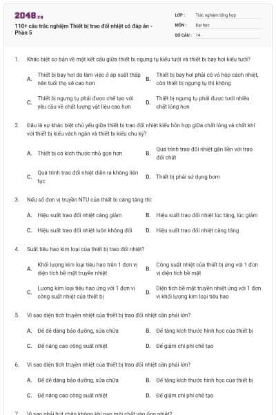 110+ câu trắc nghiệm Thiết bị trao đổi nhiệt có đáp án - Phần 5
