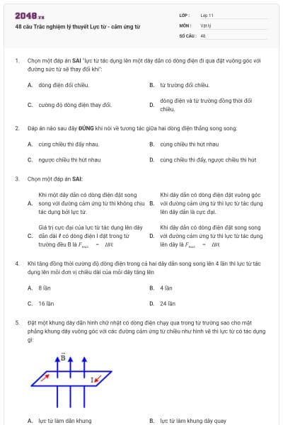 48 câu  Trắc nghiệm lý thuyết Lực từ - cảm ứng từ
