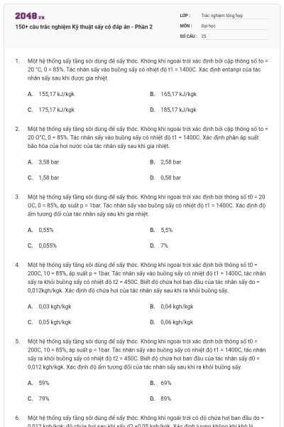 150+ câu trắc nghiệm Kỹ thuật sấy có đáp án - Phần 2