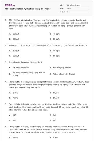 150+ câu trắc nghiệm Kỹ thuật sấy có đáp án - Phần 3