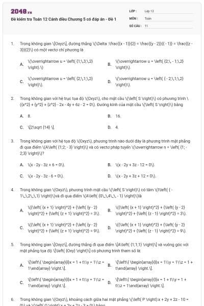 Đề kiểm tra Toán 12 Cánh diều Chương 5 có đáp án - Đề 1