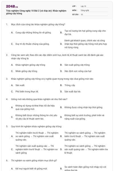 Trắc nghiệm Công nghệ 10 Bài 2 (có đáp án): Khảo nghiệm giống cây trồng