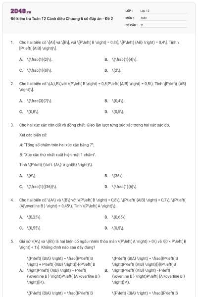 Đề kiểm tra Toán 12 Cánh diều Chương 6 có đáp án - Đề 2