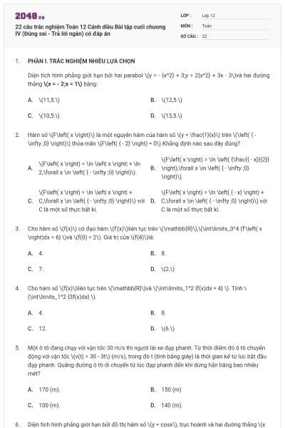22 câu trắc nghiệm Toán 12 Cánh diều Bài tập cuối chương IV (Đúng sai - Trả lời ngắn) có đáp án