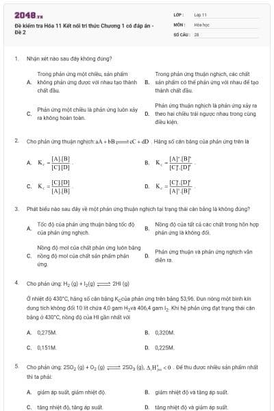 Đề kiểm tra Hóa 11 Kết nối tri thức Chương 1 có đáp án - Đề 2