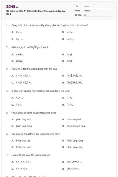 Đề kiểm tra Hóa 11 Kết nối tri thức Chương 4 có đáp án - Đề 1