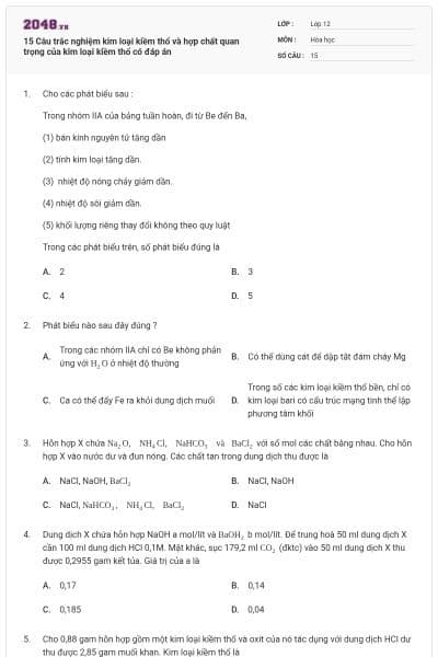 15 Câu trắc nghiệm kim loại kiềm thổ và hợp chất quan trọng của kim loại kiềm thổ có đáp án