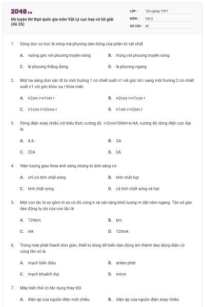 Đề luyện thi thpt quốc gia môn Vật Lý cực hay có lời giải (đề 26)