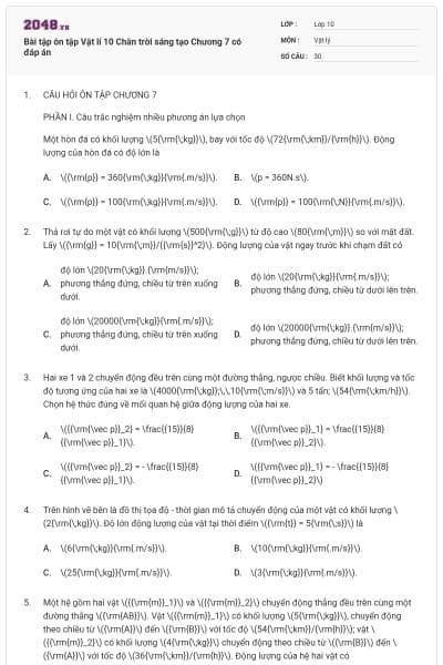 Bài tập ôn tập Vật lí 10 Chân trời sáng tạo Chương 7 có đáp án