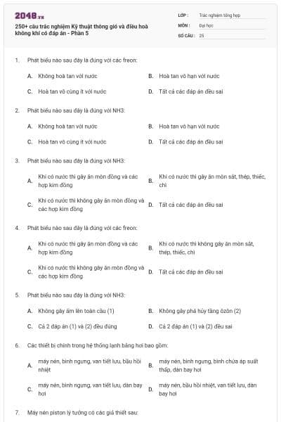 250+ câu trắc nghiệm Kỹ thuật thông gió và điều hoà không khí có đáp án - Phần 5