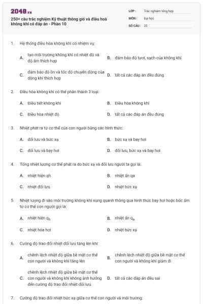 250+ câu trắc nghiệm Kỹ thuật thông gió và điều hoà không khí có đáp án - Phần 10