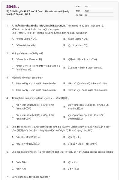 Bộ 5 đề thi giữa kì 1 Toán 11 Cánh diều cấu trúc mới (có tự luận) có đáp án - Đề 1