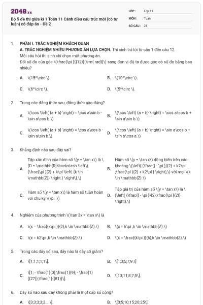Bộ 5 đề thi giữa kì 1 Toán 11 Cánh diều cấu trúc mới (có tự luận) có đáp án - Đề 2