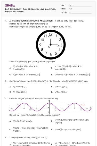 Bộ 5 đề thi giữa kì 1 Toán 11 Cánh diều cấu trúc mới (có tự luận) có đáp án - Đề 5