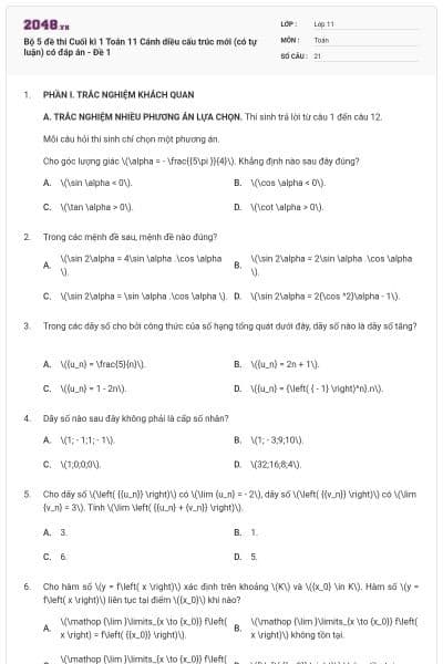 Bộ 5 đề thi Cuối kì 1 Toán 11 Cánh diều cấu trúc mới (có tự luận) có đáp án - Đề 1