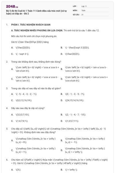 Bộ 5 đề thi Cuối kì 1 Toán 11 Cánh diều cấu trúc mới (có tự luận) có đáp án - Đề 2