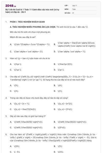 Bộ 5 đề thi Cuối kì 1 Toán 11 Cánh diều cấu trúc mới (có tự luận) có đáp án - Đề 4