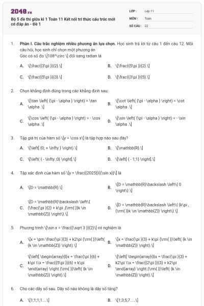 Bộ 5 đề thi giữa kì 1 Toán 11 Kết nối tri thức cấu trúc mới có đáp án - Đề 1