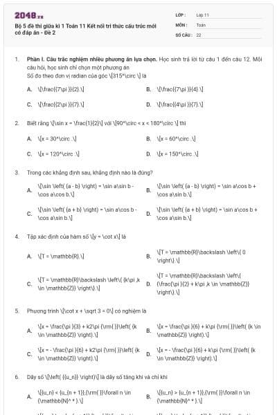 Bộ 5 đề thi giữa kì 1 Toán 11 Kết nối tri thức cấu trúc mới có đáp án - Đề 2