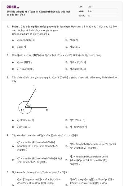 Bộ 5 đề thi giữa kì 1 Toán 11 Kết nối tri thức cấu trúc mới có đáp án - Đề 3