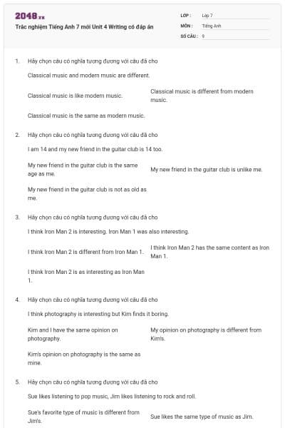 Trắc nghiệm Tiếng Anh 7 mới Unit 4 Writing có đáp án