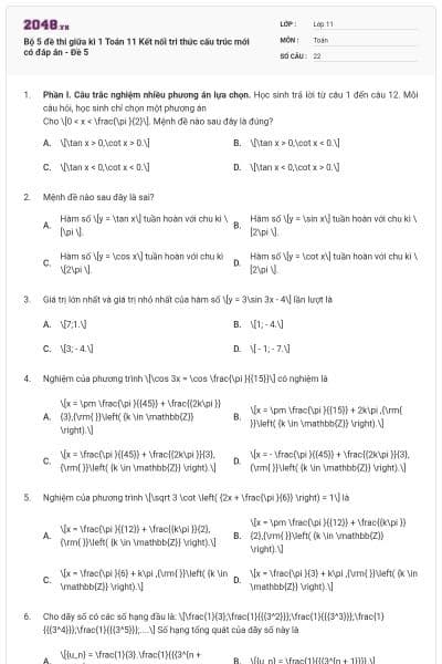 Bộ 5 đề thi giữa kì 1 Toán 11 Kết nối tri thức cấu trúc mới có đáp án - Đề 5