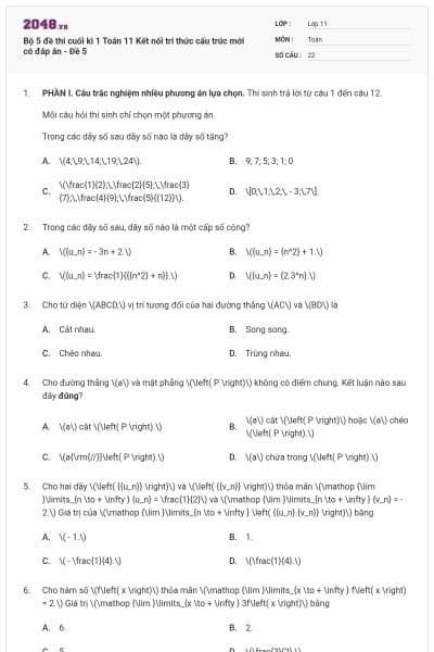 Bộ 5 đề thi cuối kì 1 Toán 11 Kết nối tri thức cấu trúc mới có đáp án - Đề 5