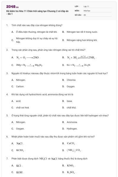 Đề kiểm tra Hóa 11 Chân trời sáng tạo Chương 2 có đáp án - Đề 1