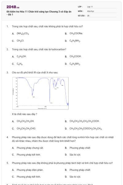 Đề kiểm tra Hóa 11 Chân trời sáng tạo Chương 3 có đáp án - Đề 1