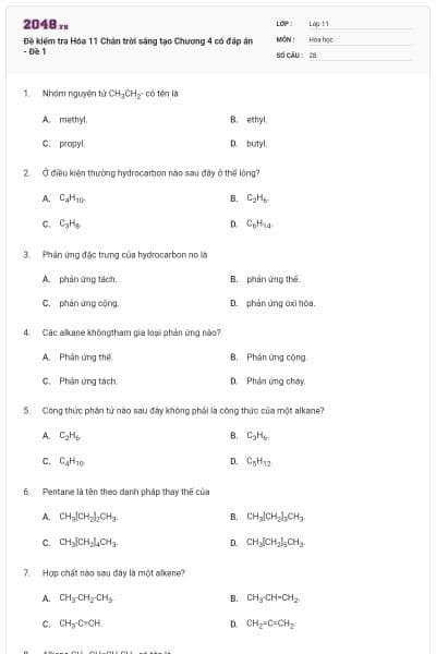 Đề kiểm tra Hóa 11 Chân trời sáng tạo Chương 4 có đáp án - Đề 1