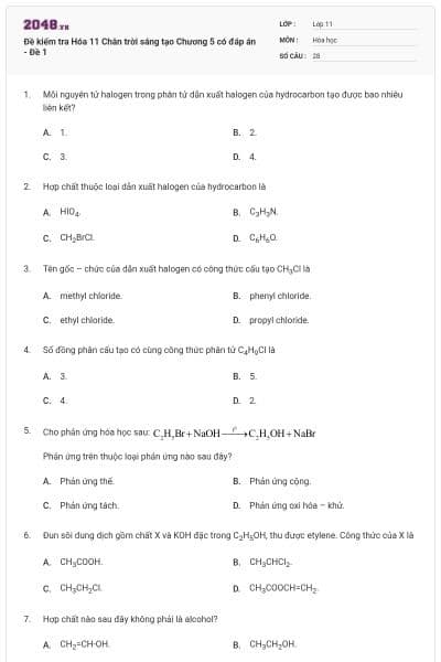 Đề kiểm tra Hóa 11 Chân trời sáng tạo Chương 5 có đáp án - Đề 1