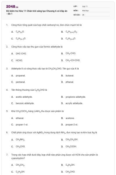 Đề kiểm tra Hóa 11 Chân trời sáng tạo Chương 6 có đáp án - Đề 1