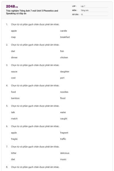 Trắc nghiệm Tiếng Anh 7 mới Unit 5 Phonetics and Speaking có đáp án