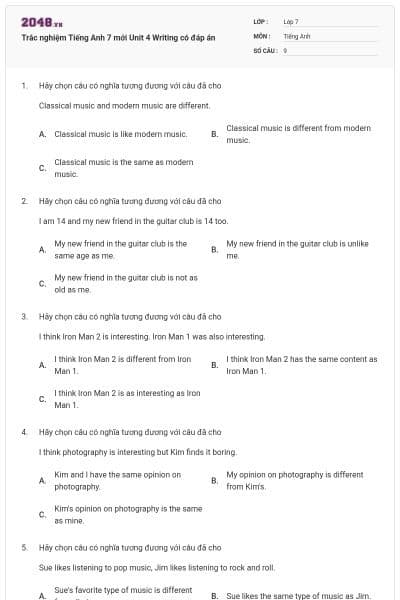 Trắc nghiệm Tiếng Anh 7 mới Unit 4 Writing có đáp án