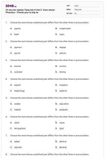 20 câu trắc nghiệm Tiếng Anh 8 Unit 5: Years ahead - Phonetics - Friends plus có đáp án