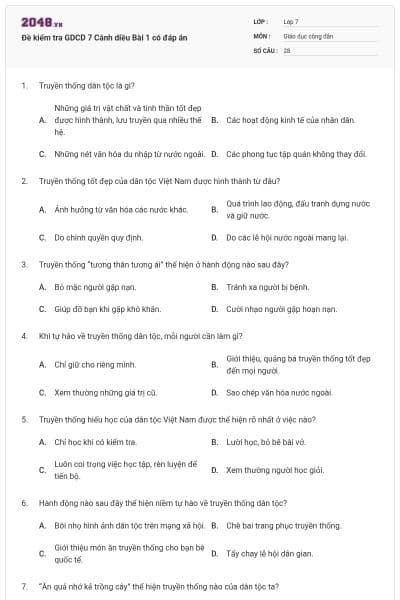 Đề kiểm tra GDCD 7 Cánh diều Bài 1 có đáp án