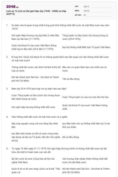 Lịch sử 12 Lịch sử thế giới hiện đại (1945 - 2000) có đáp án(P12)