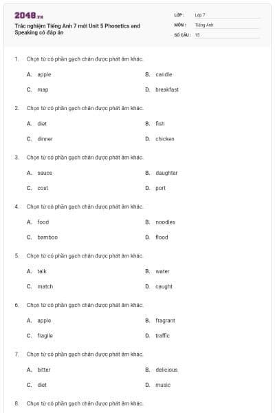 Trắc nghiệm Tiếng Anh 7 mới Unit 5 Phonetics and Speaking có đáp án