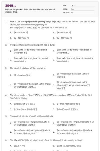 Bộ 5 đề thi giữa kì 1 Toán 11 Cánh diều cấu trúc mới có đáp án - Đề 2