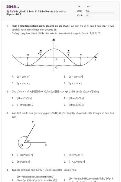 Bộ 5 đề thi giữa kì 1 Toán 11 Cánh diều cấu trúc mới có đáp án - Đề 3