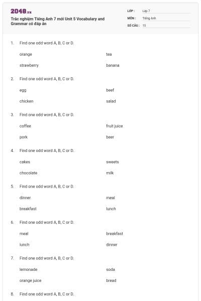 Trắc nghiệm Tiếng Anh 7 mới Unit 5 Vocabulary and Grammar có đáp án