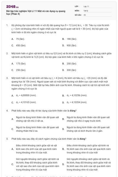 Bài tập trắc nghiệm Vật Lí 11 Mắt và các dụng cụ quang học (Phần 4)