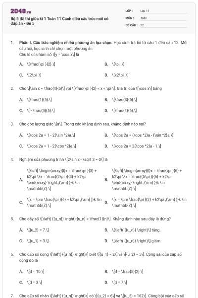 Bộ 5 đề thi giữa kì 1 Toán 11 Cánh diều cấu trúc mới có đáp án - Đề 5