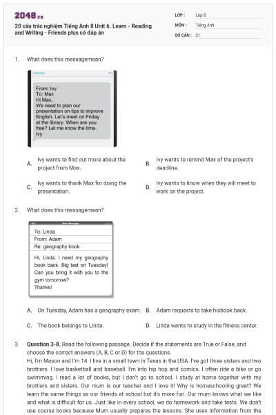 20 câu trắc nghiệm Tiếng Anh 8 Unit 6. Learn - Reading and Writing - Friends plus có đáp án