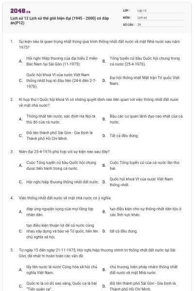 Lịch sử 12 Lịch sử thế giới hiện đại (1945 - 2000) có đáp án(P12)