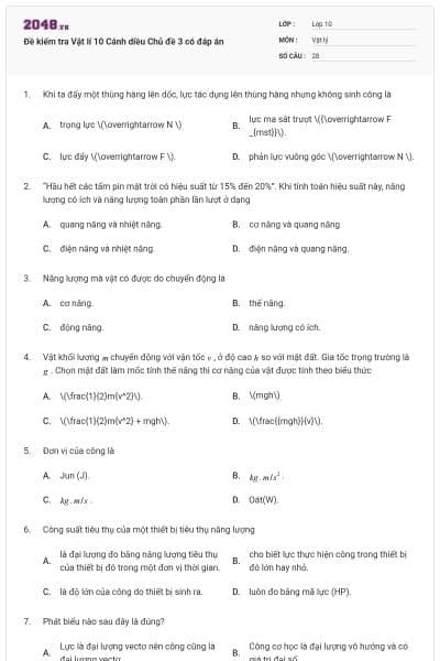 Đề kiểm tra Vật lí 10 Cánh diều Chủ đề 3 có đáp án