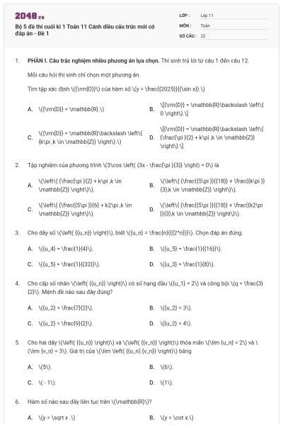 Bộ 5 đề thi cuối kì 1 Toán 11 Cánh diều cấu trúc mới có đáp án - Đề 1