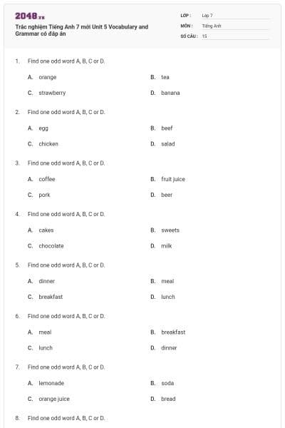 Trắc nghiệm Tiếng Anh 7 mới Unit 5 Vocabulary and Grammar có đáp án