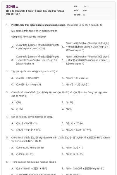 Bộ 5 đề thi cuối kì 1 Toán 11 Cánh diều cấu trúc mới có đáp án - Đề 4