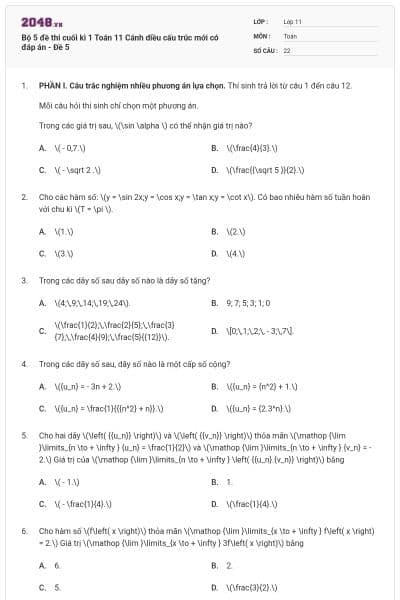 Bộ 5 đề thi cuối kì 1 Toán 11 Cánh diều cấu trúc mới có đáp án - Đề 5